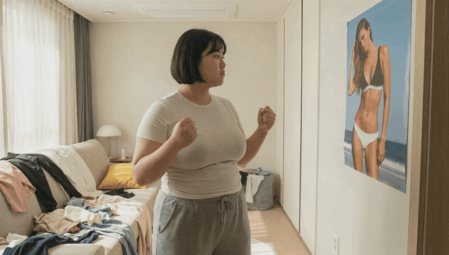 Fat woman looking at poster in her room and setting goals.