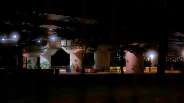 Night view under a bridge with lights