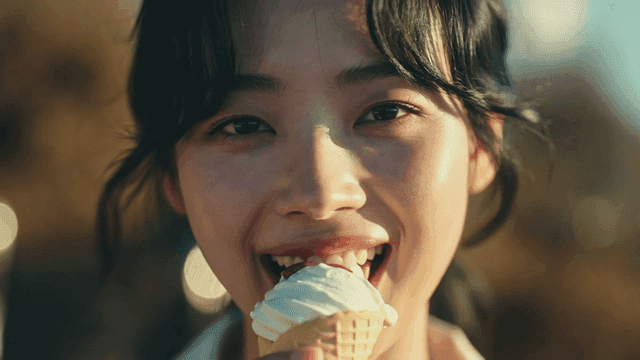 콘 아이스크림을 먹는 젊은 여성