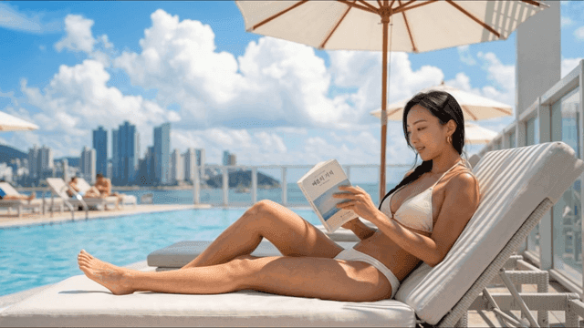 Woman reading book by swimming pool