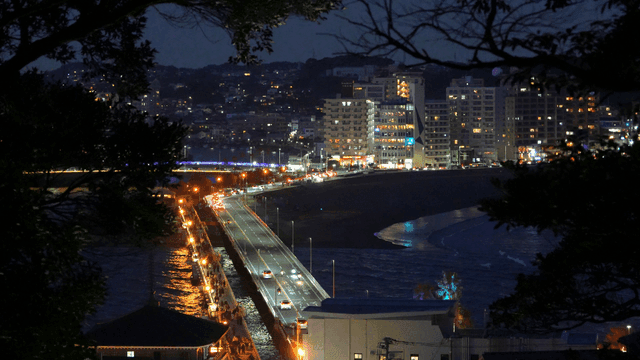Night view of coastal city seen with bridge