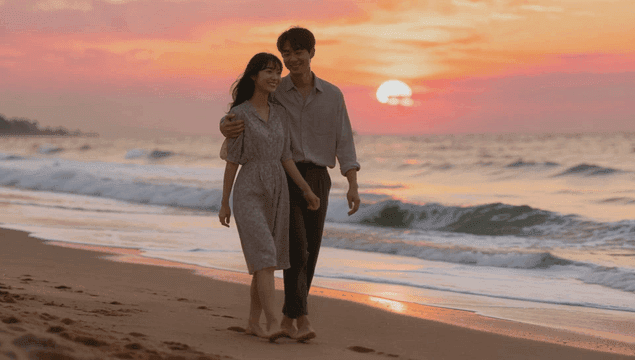 해변에서 일몰을 보며 걷는 커플