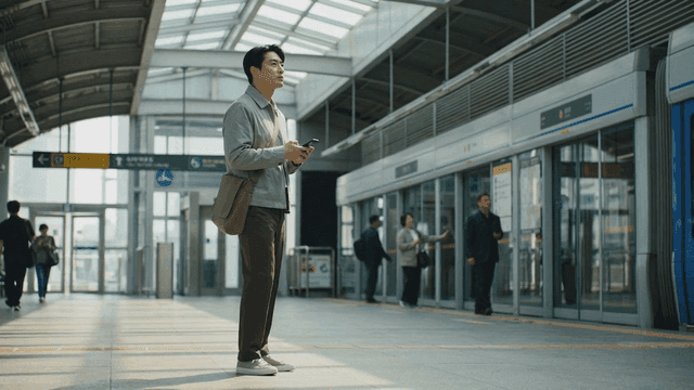 Man looking at his phone while waiting at subway station
