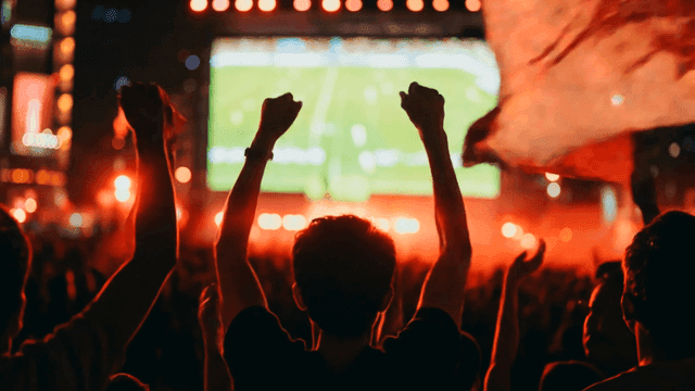 Crowd cheering for soccer while waving flags