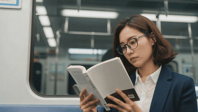 지하철에서 책을 읽는 직장인 여성