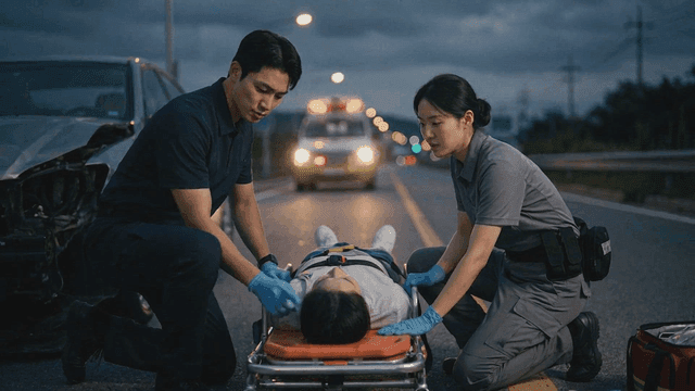 Paramedics helping traffic accident victims on road