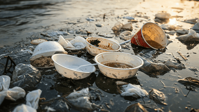 쓰레기가 떠다니는 오염된 강