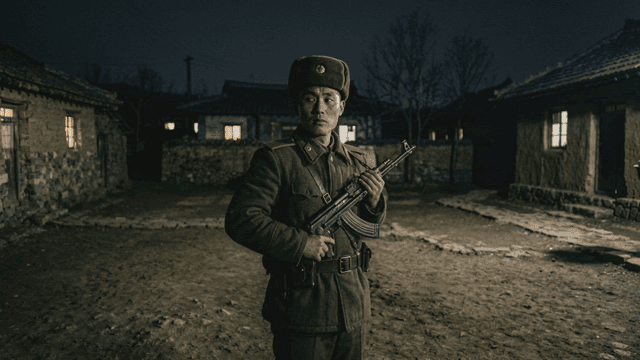 North Korean soldiers standing guard with rifles in front of rural thatched house