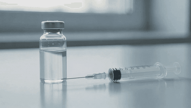 테이블 위의 주사기와 약병