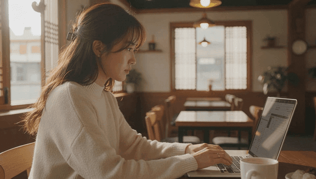 A woman working on a laptop in a cafe