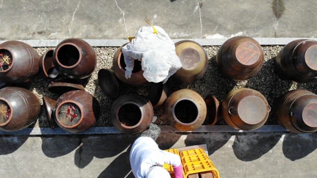 대규모 야외 공간에 발효를 위해 배열된 전통 장독들