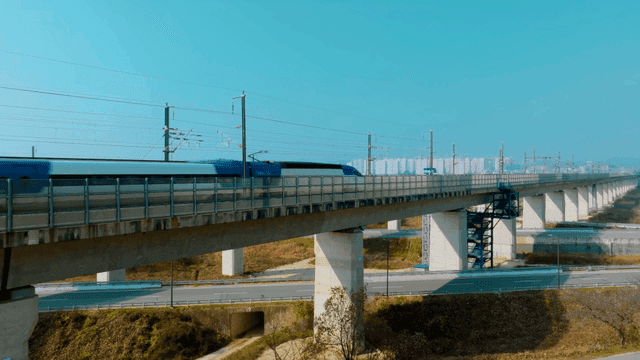 High-speed train running on elevated track