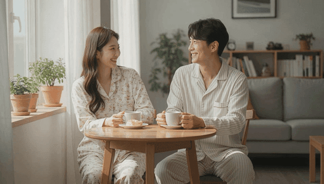 집 창가에서 아침 빵과 커피를 즐기는 커플