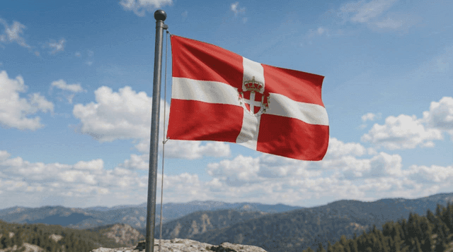 Flag of Duchy of Savoy fluttering on mountain under clear sky