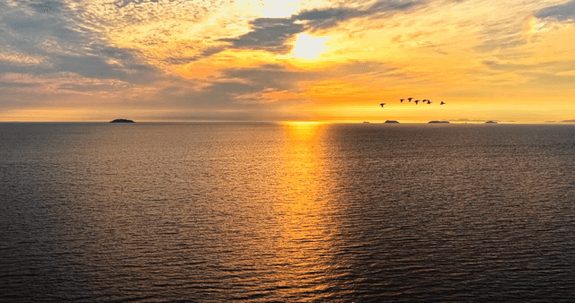 섬이 보이는 고요한 바다의 일몰