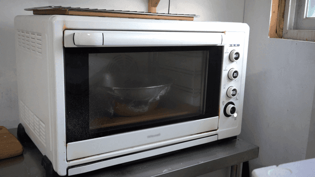 Oven with a bowl inside in a kitchen