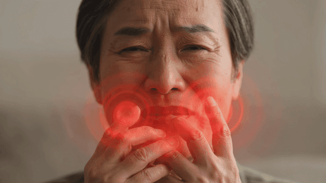 An elderly person experiencing facial pain