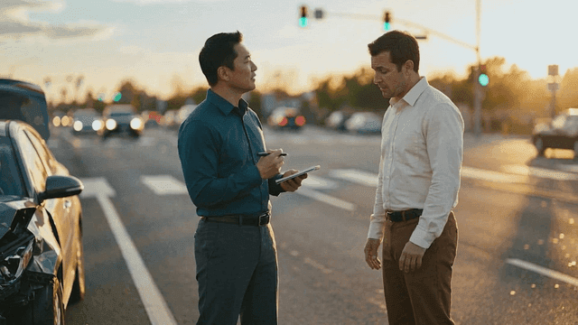 White man and Asian man talking after car accident