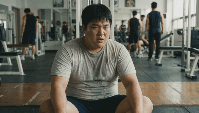 Fat man resting at gym after working out