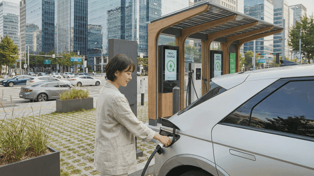 Woman charging electric car in city