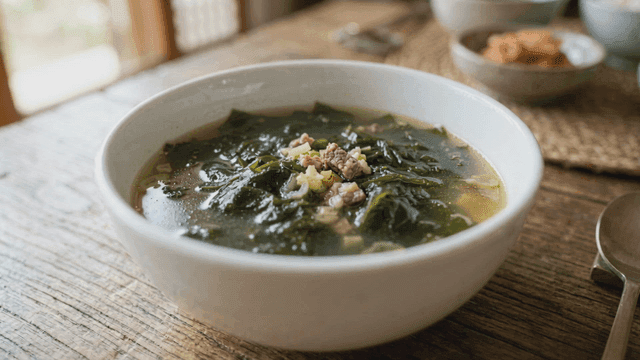 Bowl of seaweed soup on table
