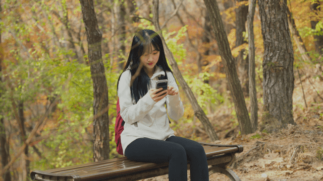 Woman using smartphone on forest bench