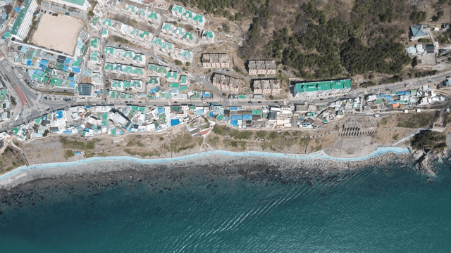 Coastal cityscape with colorful buildings