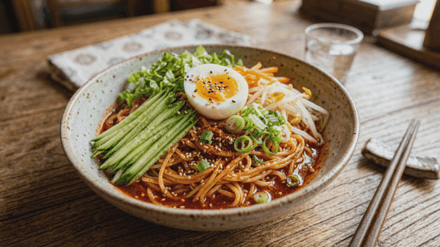 Bowl of spicy mixed noodles with vegetables