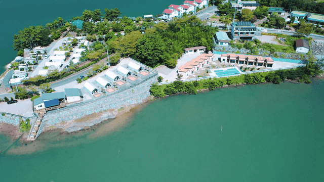A coastal village with colorful houses
