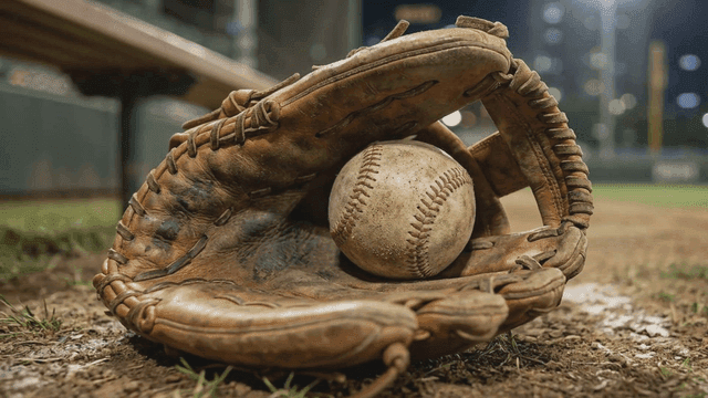Baseball glove holding a baseball on the field