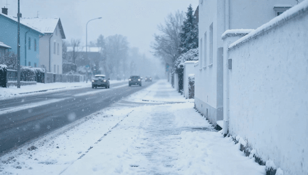 Snow-covered road with cars passing by