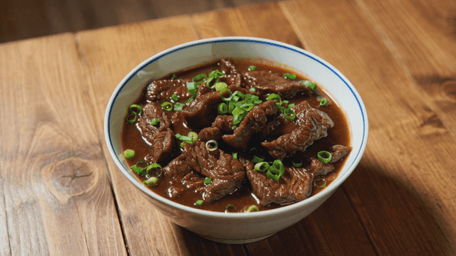 Beef stew rice bowl (Gyudon) with green onions