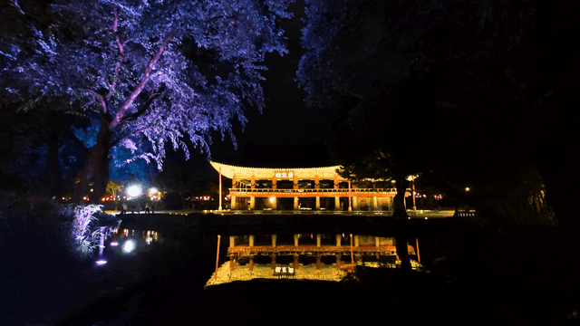 밤에 조명이 비치는 전통 한국 정자