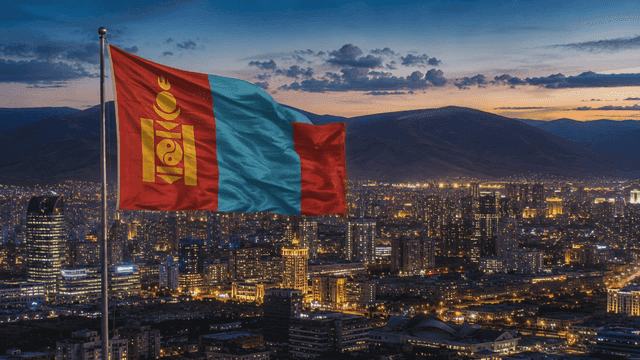 National flag of downtown Mongolia and night sky