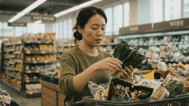 Woman choosing fresh vegetables at supermarket.