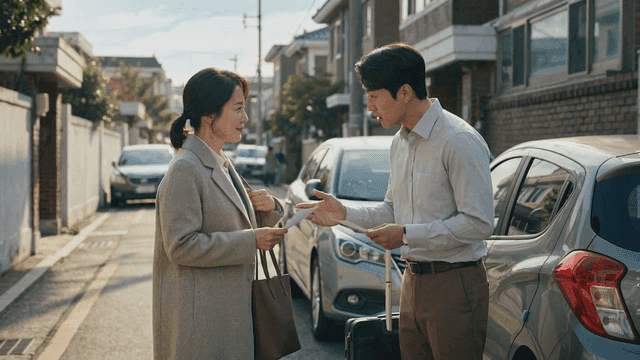 Two people exchanging documents and talking on street