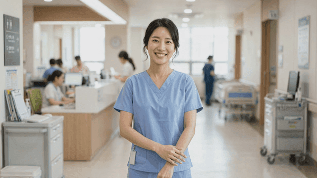Smiling nurse in hospital hallway