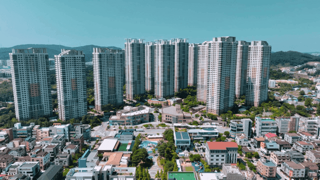 Cityscape with tall apartment buildings