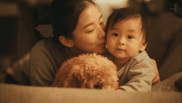 엄마와 아기 그리고 강아지가 함께하는 따뜻한 순간