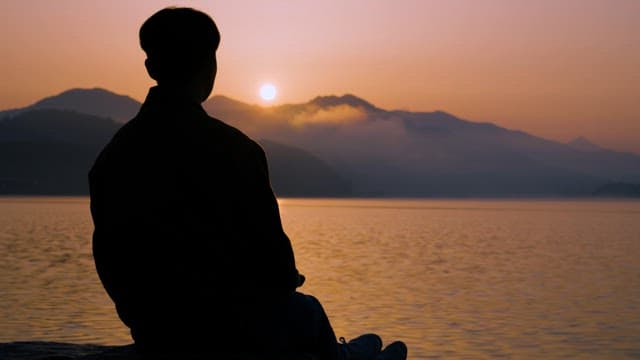 Solitude of a Man and a Bird Flying over the Sea at Sunrise