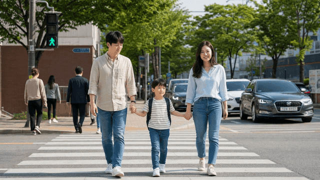 Family crossing crosswalk on clear day