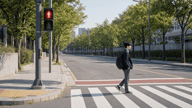 Student crossing crosswalk on red light