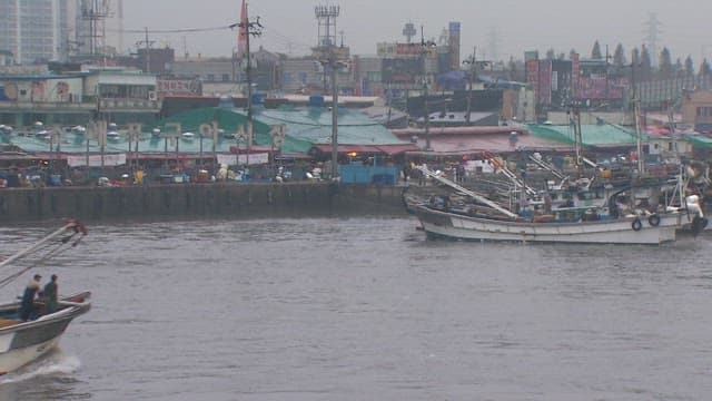 Port with fishing boats entering and leaving on a cloudy day