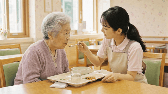 Caregiver helping elderly person eat.