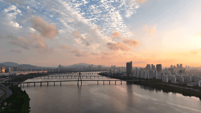 City skyline with view of river at sunset.