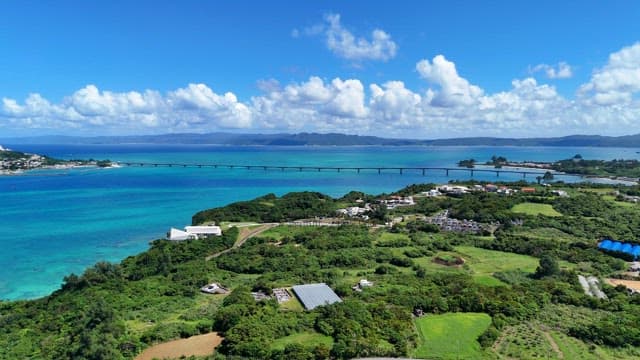 Scenic coastal view with a long bridge