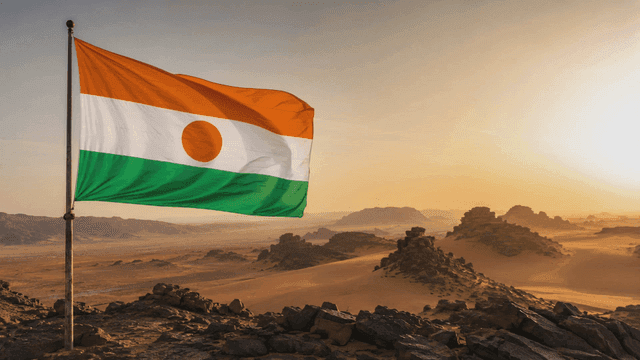 Niger flag fluttering in desert landscape