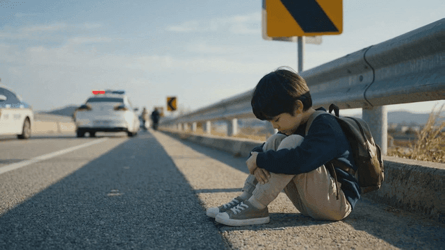 Child sitting on road near police car