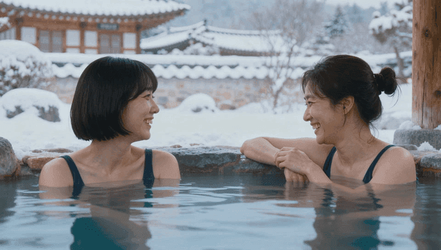 겨울 온천을 즐기는 두 여성