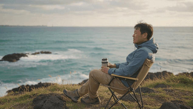 Man relaxing on a camping chair by the sea